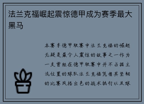 法兰克福崛起震惊德甲成为赛季最大黑马 法兰克福崛起震惊德甲成为赛季最大黑马